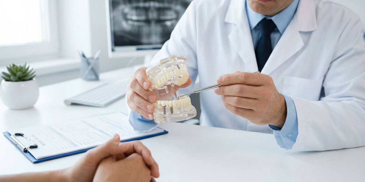 dental implant, dentist, dentistry, consultation, jaw model, oral health, stomatology, showing a professional dentist explaining procedure to a patient in a modern clinic with an X-ray. Upscaled with Gigapixel v8.4.4. 1376x768 => 5504x3072 (4x) @ 300 ppi Model: Text Refine, denoise: 0.4575987160205841, sharpen: 0.64, decompression: 0.33