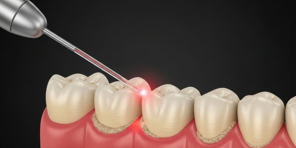 Laser treatment being performed on teeth in a dental procedure