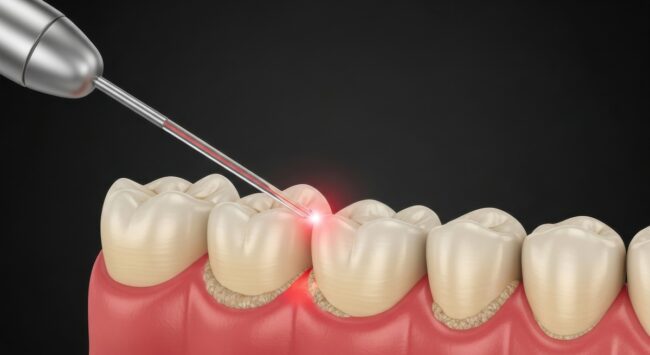 Laser treatment being performed on teeth in a dental procedure