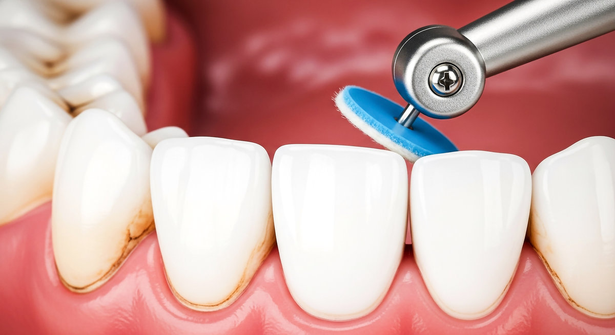 Experience a deep clean and a radiant smile with professional teeth polishing This close-up shows a dental hygienist using a specialized tool to enhance oral health and shine